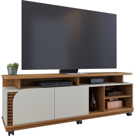Meuble TV 75 Pouces Chêne et Blanc 2 Portes 9 Niches L 180 H 62 P 39.3 cm (1/5)