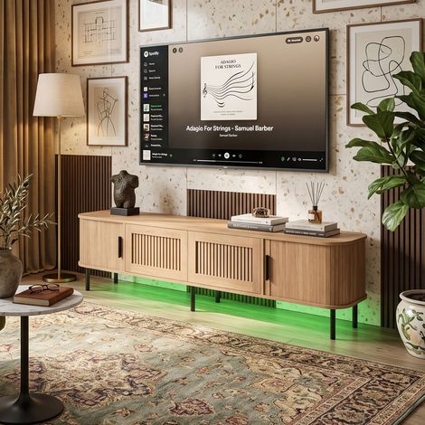 Creahappy Meuble TV LED 180x40x44,5 cm - Rangement Salon Bords Arrondis - Portes Coulissantes & 2 Tiroirs - Chêne Naturel et Métal (1/5)