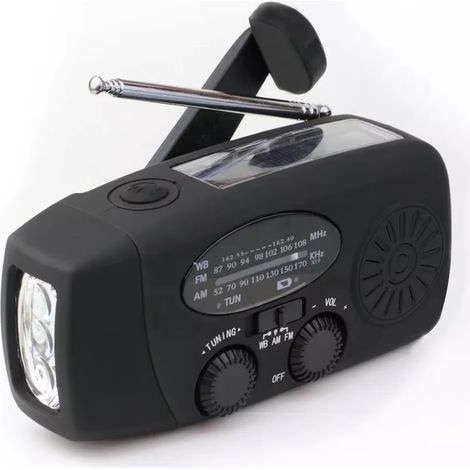 Radio Pile Solaire Dynamo Portable 2000mAh Kit Survie Complet AM/FM Lampe Torche SOS Powerbank Idéale Camping Randonnée (Noir) (1/5)
