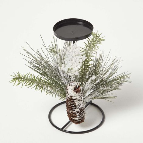 HOMESCAPES Frosted Artificial Pine Branch Christmas Candle Holder - White & Green - White & Green (1/4)