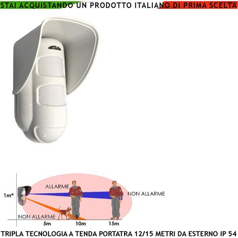 Rilevatore Movimento Tripla Tecnologia da Esterno Portata 15 Metri Grandangolo Oppure a Tenda Regolabile da 5 a 15 MT Alimentazione 12 V Via Filo Con Snodo Orientab Sensori 2 Pir 1 Microonda AND OR (1/4)