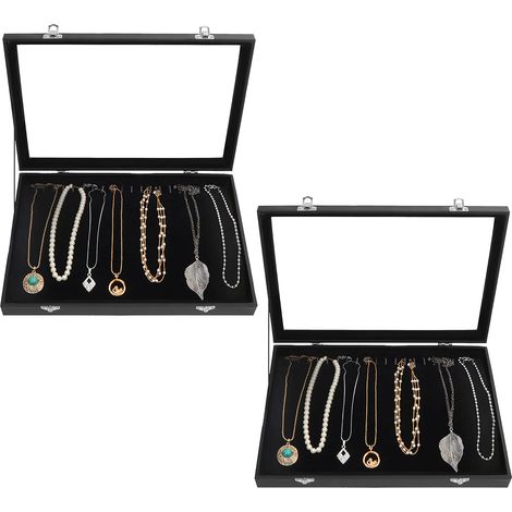 Boite a Bijoux en Velours Noir avec Couvercle en Verre et 20 Crochets (Lot de 2) - Boite Rangement Collier et Bracelets Empilables - Idéales pour Boucles d’Oreilles & Chaines de Cheville (1/5)