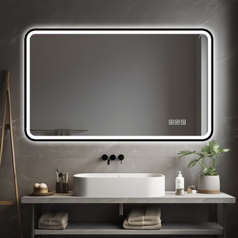 Miroir de salle de bain LED 70 × 90 cm avec cadre en aluminium noir, éclairage frontal et arrière, traitement anti-buée, 3 couleurs de lumière, intensité réglable, fonction mémoire, montage horizontal
