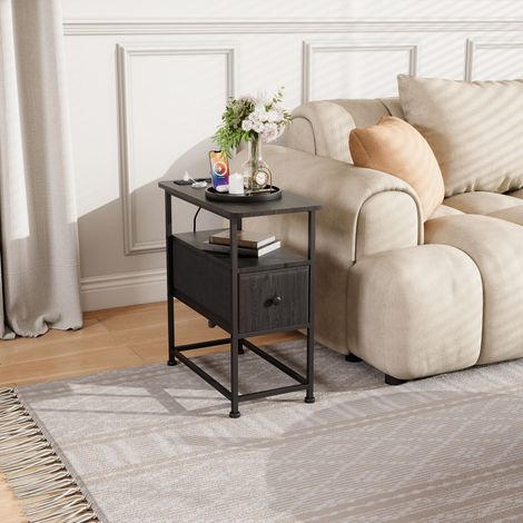 Table d'appoint étroite et table de chevet – Gain de place – Éclairage LED multiprise – Tiroir en tissu compartiment ouvert – Cadre métallique design – Idéal chambre salon - Noir