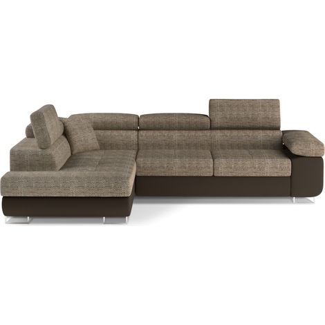 Canapé d'angle convertible MENTON beige et chocolat bouclé – Angle gauche avec coffre