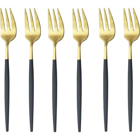 (Noir et Or) Un ensemble de 6 fourchettes à fruits en acier inoxydable mat, mini couverts dorés (1/5)