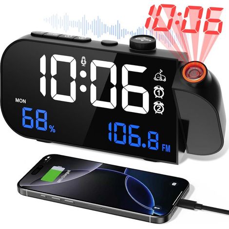 Radio-réveil Projecteur 180° - Réveil Numérique avec FM - 2 Alarmes Snooze - Température, Humidité, Chargeur Type-C et Sortie USB (1/5)