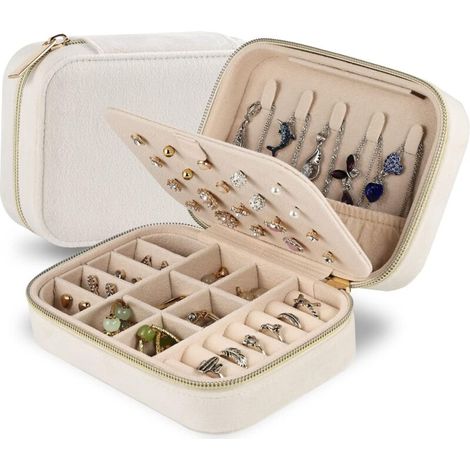 Boîtes à bijoux de voyage en velours, petite boîte à bijoux de voyage, boîte de rangement de bijoux de voyage portable pour anniversaire, fête des mères, Saint-Valentin (Beige) (1/5)