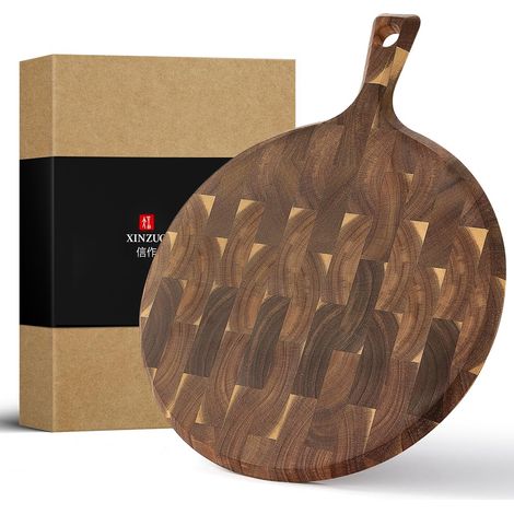 Planche à Pizza en Bois d'Acacia 42,5x32x1,9cm Planche à Découper Ronde Pelle à Pizza avec Poignée Bois End Grain Double Face Pour les Pizzas, Pain, Fruits, Légumes, Biscuits (1/5)