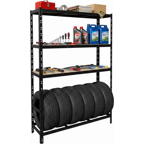 Relaxdays Scaffale 6 pneumatici, HxLxP 180 x 120 x 40 cm, 600 kg, acciaio, sistema a incastro, nero