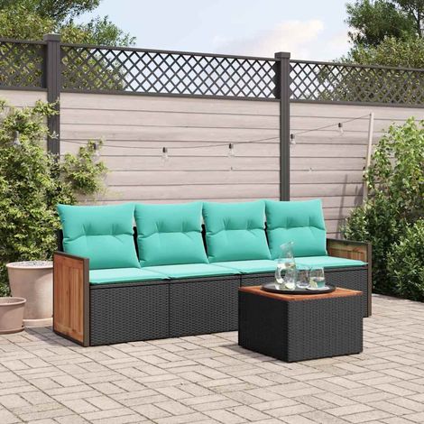 Ensemble canapé de jardin 5 pièces avec coussins, résine tressée noire et table en acacia - PANGIVO (1/5)
