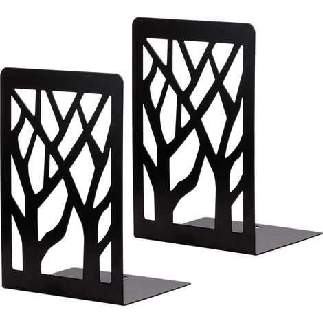 Serre-livres en métal noir, 1 paire, motif arbre décoratif, robustes pour étagères (1/4)