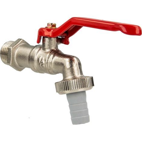 Rubinetto con valvola erogatrice a sfera 1/2", attacco a parete, manico rosso, in ottone nichelato (1/5)