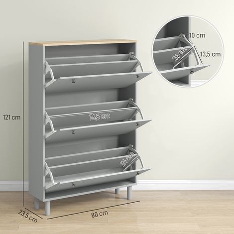 Schuhschrank für 24 Paar Schuhe mit 3 Klappschubladen und verstellbaren Einlegeböden, 80 x 23,5 x 121 cm, grau