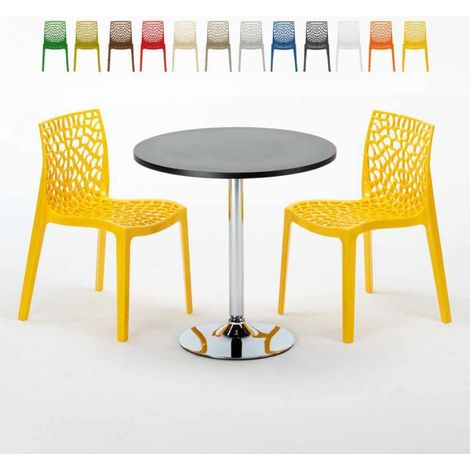 Table Ronde Noire 70x70cm Avec 2 Chaises Colorées Grand Soleil Set Intérieur Bar Café Gruvyer Cosmopolitan - Jaune (1/5)