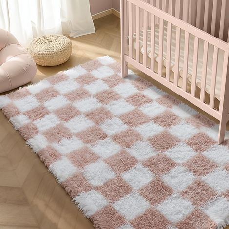 Tapis Salon Shaggy Damier Tapis 120×180cm Rose Blanc Rug (1/5)