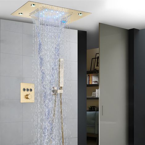 Suguword – Colonne de douche encastrée 49x35cm – Douche thermostatique avec pomme de douche effet pluie – Robinet en laiton – Design compact brossé or (1/5)