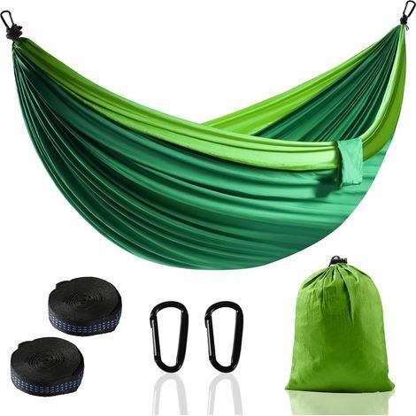 Hamac de camping d'extérieur - Hamac parachute portable super léger avec deux sangles d'arbre - En nylon - Arbre de voyage (vert foncé, 280 x 140 cm) (1/5)