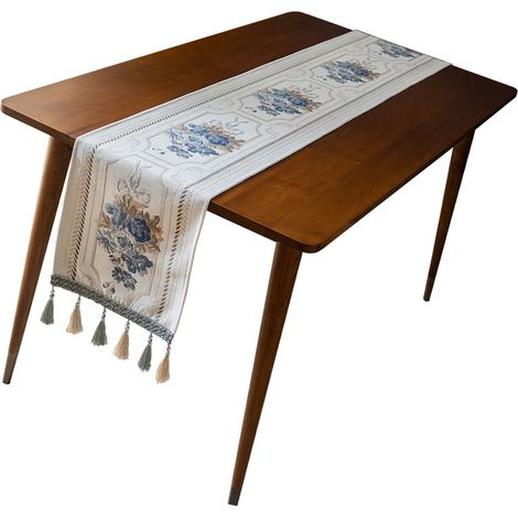 Chemin de table à pompons et motifs floraux, doux et décoratif, en chenille, anti-poussière, blanc, 32 x 180 cm / 12,6 x 70,9 pouces, pour la maison ou l'hôtel