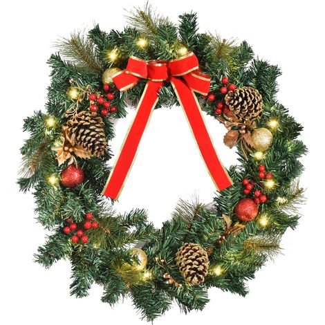 Couronne de noël artificielle - HOMCOM - lumineuse 20 LED 60 cm décor houx pommes pin - plastique - vert (1/5)