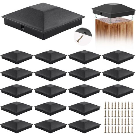 Capuchons de Poteau, Lot de 18 Chapeau Poteau Bois, Capuchons de Clôture, Capuchon pour Poteau avec Vis, Protection Poteaux de Clôture en Bois, pour Poteau, Tube, 9 x 9 cm, Noir (1/5)