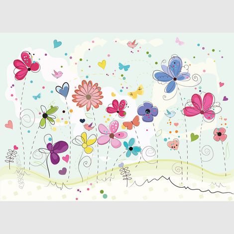 Papier peint intissé - Gribouillage de fleurs colorées - 375x270 cm (1/4)