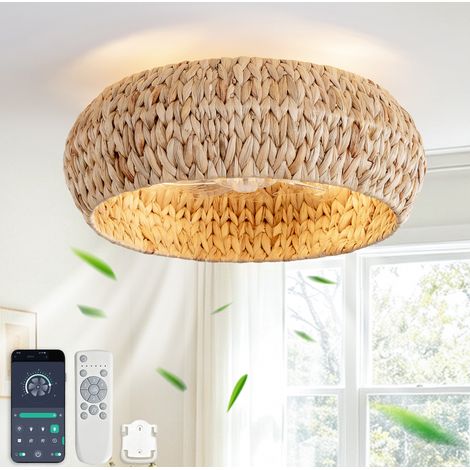 Ventilateur de plafond avec éclairage, abat-jour en paille, pales ABS, 6 vitesses, commande par application et télécommande, 4 douilles E26, pour petite chambre – CHICFURN (1/5)
