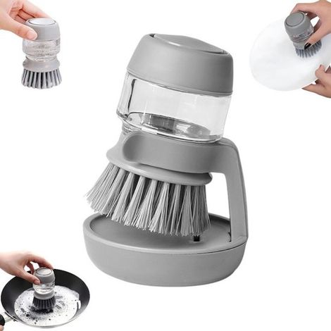 Set monopezzo - Spazzola per lavare i piatti di dimensioni palmari - con portasapone e supporto - Spazzola per lavare i piatti da lavello - con dispenser di sapone - Spazzola per lavare i piatti - Gri