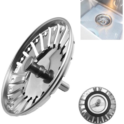 Ø 84 mm Bouchon Evier Cuisine en Acier Inoxydable, Panier pour Bouchon d'évier, Filtre Evier Universel, Grille Evier Antiblocage, Crépine Evier Anti Colmatage avec Attrape Cheveux