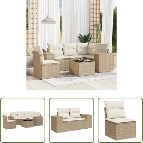 vidaXL Rattanmöbel - 6-tlg. Garten-Sofagarnitur mit Kissen Beige Poly Rattan (1/5)