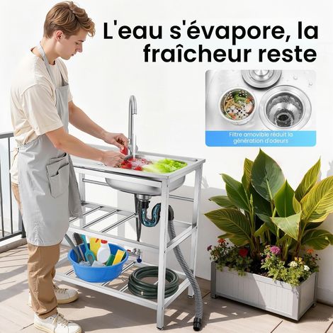1 évier autoportant pour l'extérieur - 75 x 40 x 78 cm - En acier inoxydable avec établi et étagère de rangement - Robinets d'eau froide et chaude - Évier d'extérieur (1/5)