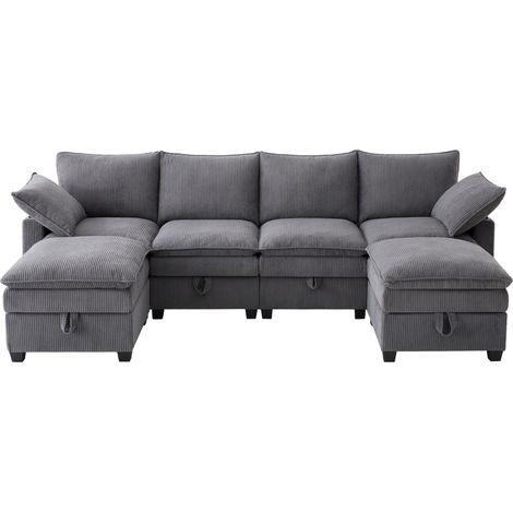 Canapé d'angle modulable 5 à 6 places en velours côtelé gris, avec rangements, ports USB, porte-gobelets et 2 poufs amovibles  CHICFURN (1/5)