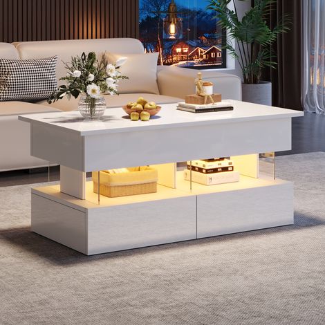 Mesa de centro elevable 100x50x46 cm blanca con LED, 2 cajones, MDF y acrílico MEUBLIV (1/5)
