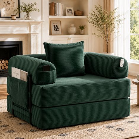 Muvoe Fauteuil convertible 1 place en velours côtelé, cadre métallique stable, rembourrage épais, design ergonomique, poche latérale et coussin, modulable, vert forêt (1/5)