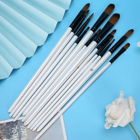 Ensemble de 12 pinceaux à poils en nylon pour peinture à l'huile, manche en bois, blanc nacré, styles variés, matériel pour peinture à l'huile et acrylique, pointes plates et rondes (1/5)