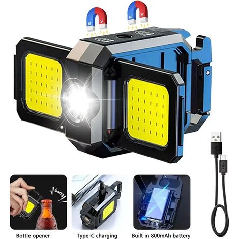 Lampe de travail COB - Rechargeable par USB - Mini lampe porte-clés - Avec éclairage latéral pliable à 90° - Lampe torche portable ultra-lumineuse (1/5)