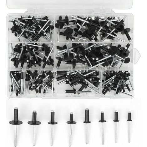 200 Pièces Rivets aveugles pop en aluminium, 3.2 x 8mm, 3.2 x 10mm, 4 x 10mm, 4 x 14mm, 4.8 x 14mm, 4.8 x 18mm, 8 tailles kit d'assortiment de rivets pop Noirs pour Métal, Bois, Plastique