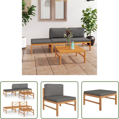 Canapé de jardin - Salon de jardin 4 pcs avec coussins gris Bois de teck solide (1/5)
