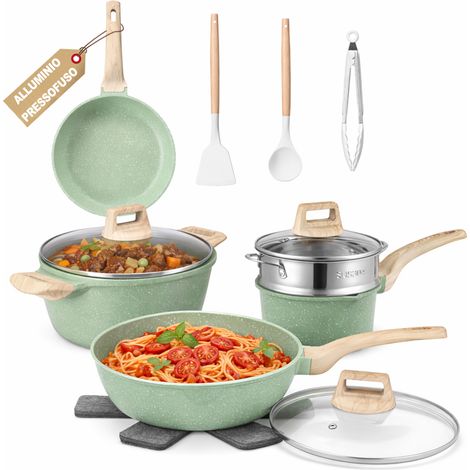 Batteria Pentole 15 Pezzi Verde in Alluminio Pressofuso con Accessori e Coperchi