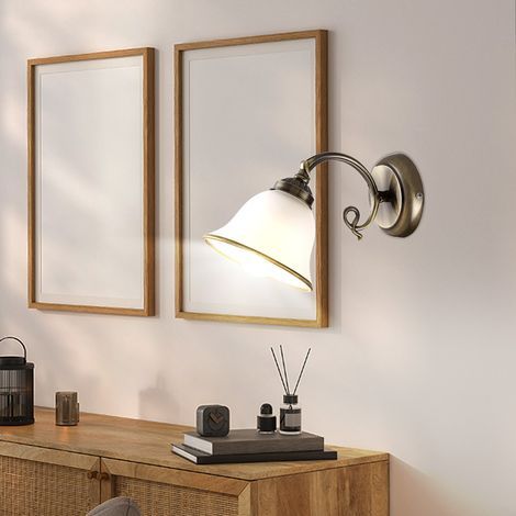 Applique murale salon antique en laiton – Verre satiné – Douille E27 – 1x max 60W – Dimensions 16x18x30cm – 60208W (1/2)