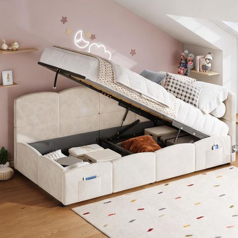 Cadre de lit beige en velours 212,5 x 98 x 78 cm (1/5)