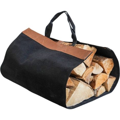 Fabric Log Bag with Faux Leather - L45.5 x W46 x H100 cm - Black