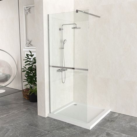 T&K 190cm Height Walk In Shower Screen Chrome Framed, 70cm Width, 6mm Tougheded Glass Safety Double-sided Easy Clean Glass With Telescopic Support Bar (1/5)