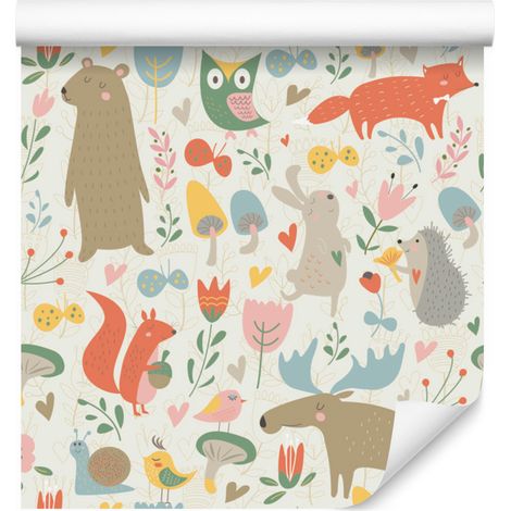 Papel pintado con motivos de animales y plantas del bosque para salón y dormitorio, 50x1000 cm. (1/5)