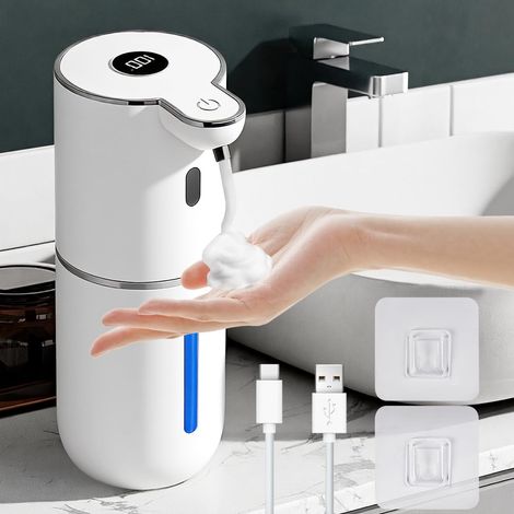 Distributeur de Savon Automatique, 380ml Mural Distributeur de Savon avec Capteur, IPX5 Étanche, 6 Niveaux Réglables, USB Rechargeable, pour Salle de Bain, Cuisine, Bureau (Mousse) (1/5)