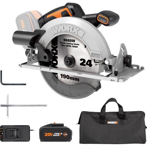 WORX Sega Circolare Brushless 20V PowerShare WX520 Include 1 Batteria 4Ah e Caricatore Motore Brushless Taglio a Lunetta Base in Alluminio Impugnatura Ergonomica (1/5)