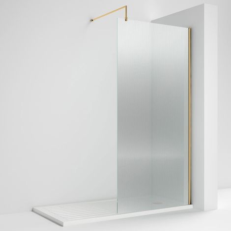 Nuie Fluted Wet Room Screen 1850mm High x 800mm Wide with Support Bar 8mm Glass - Brushed Brass (1/8)