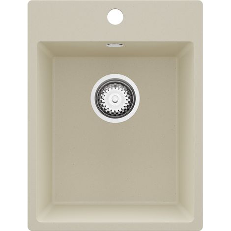 PRIMAGRAN Evier Cuisine en Granit 38x50cm,Lavabo 1 bac + Kit de Vidage, Évier à Encastrer au meuble 40cm - Riga, Beige (1/5)