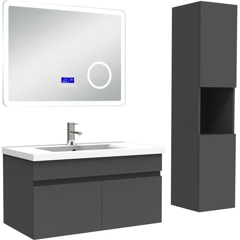 Ocean Ensemble meuble 80 cm anthracite, lavabo céramique + colonne haute + Miroir salle de bain Bluetooth avec 3 couleurs dimmable, suspendu (1/5)