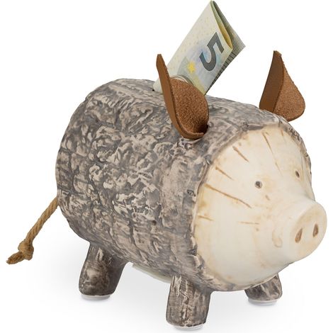 Relaxdays Tree Bark Piggy Bank with Opening, Dolomite, Money Box for Kids & Adults, HxWxD: 13 x 9 x 16.5 cm, Brown/White (1/5)